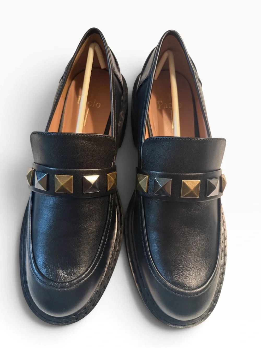 Linea Paola Black Studded Platform Leather Loafer Sz 9.5M